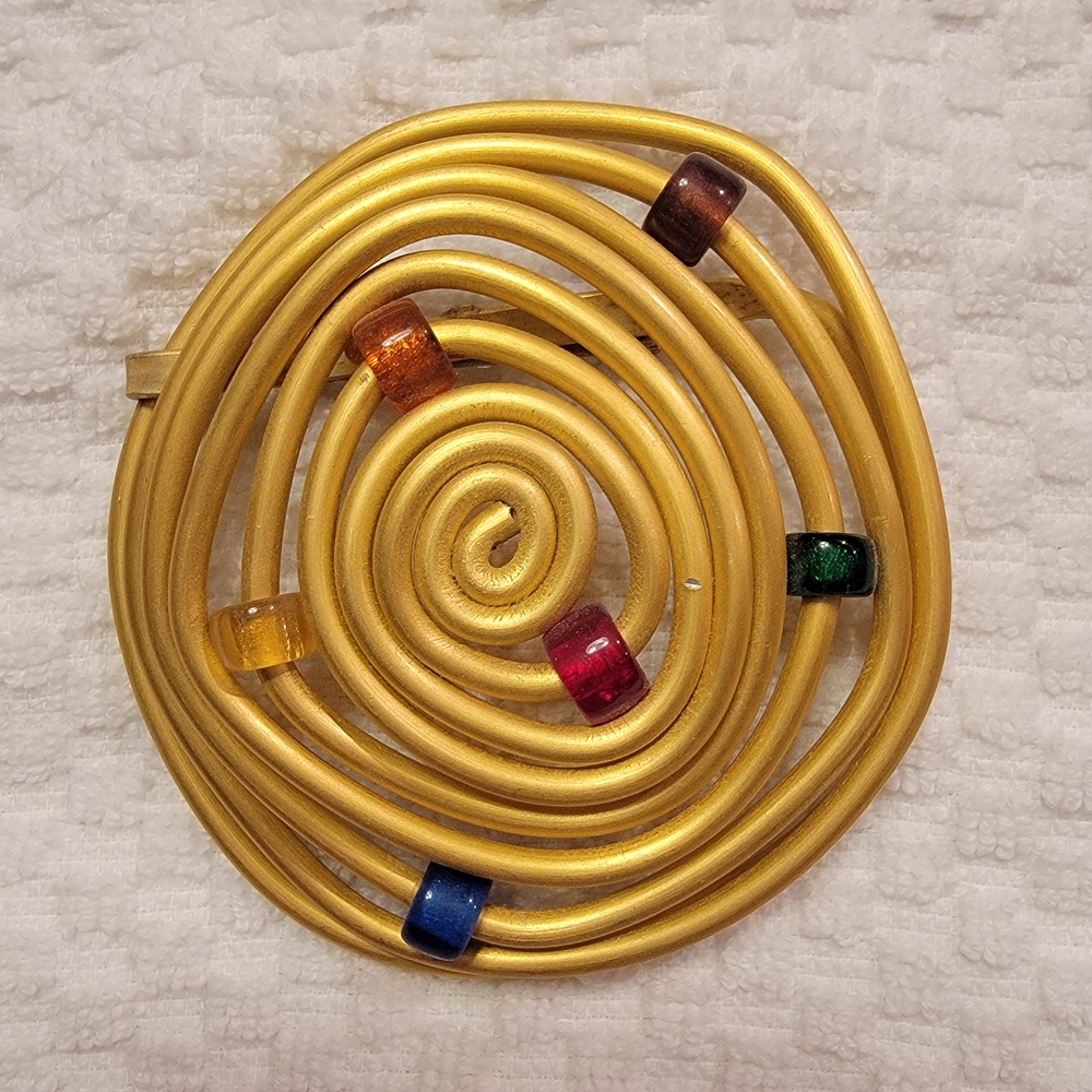Gold Spiral Brooch and Pair of matching Earrings with Multicolor Beads